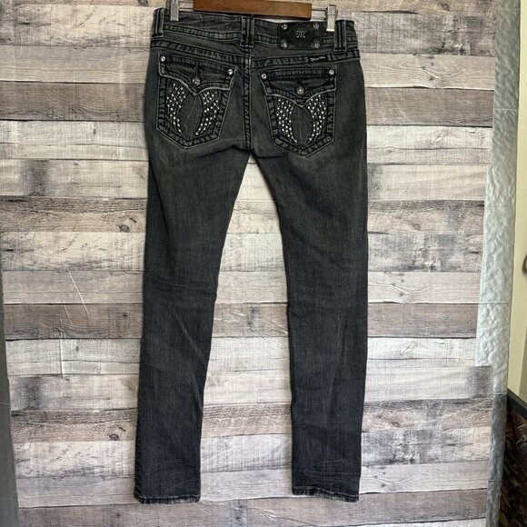 Miss Me Black Stretch Denim Low Rise Embellished Angel Wing Skinny Jeans~28 - Picture 2 of 13